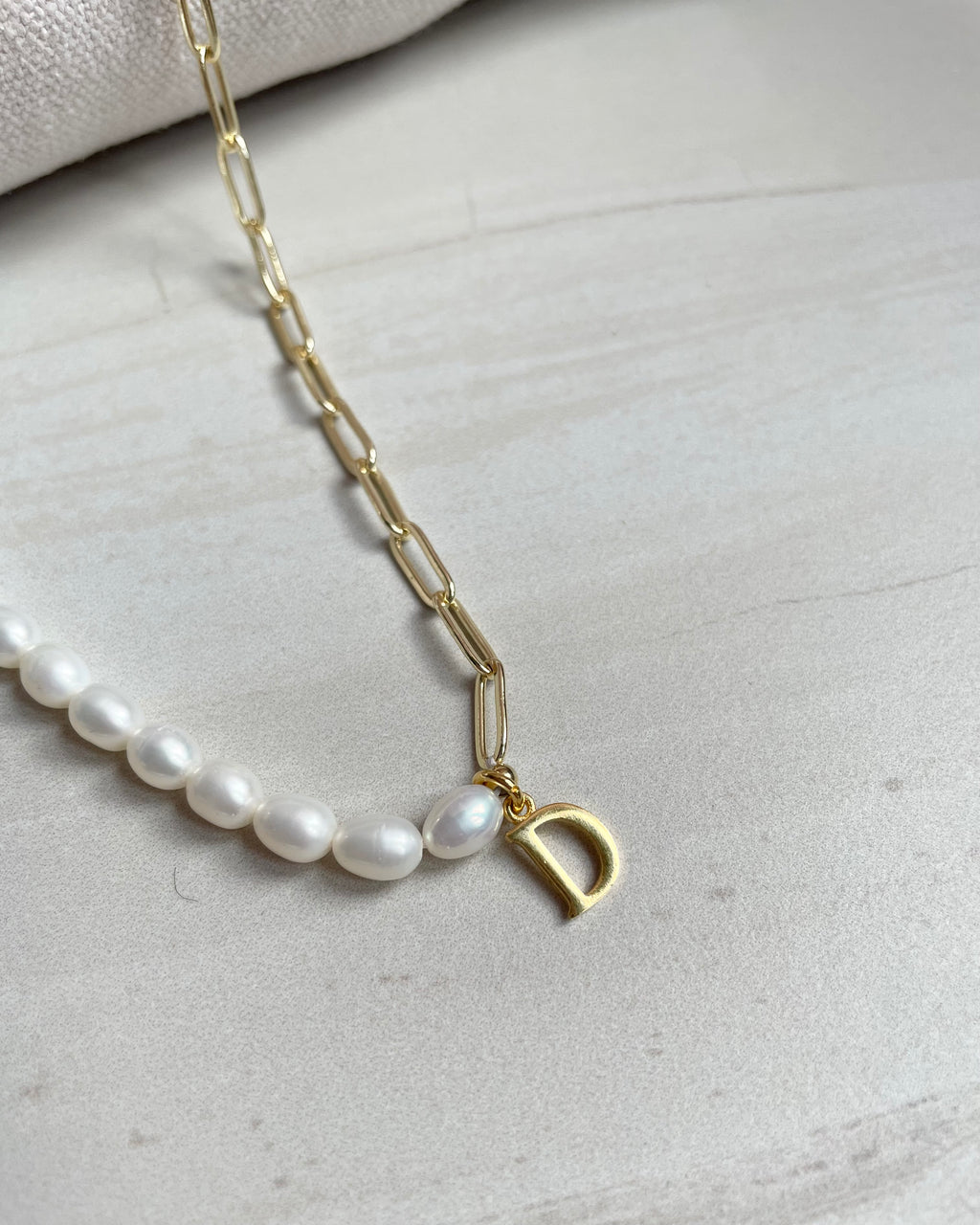 MELISSA | Gold filled paper clip and pearls two tone chain with initial
